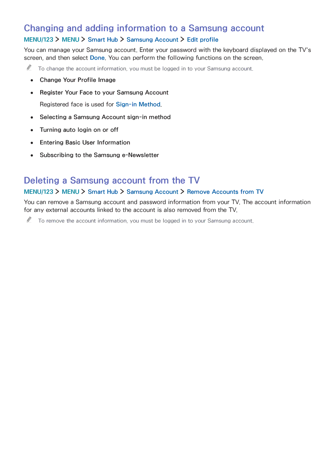 Samsung UA88JS9500RXUM manual Changing and adding information to a Samsung account, Deleting a Samsung account from the TV 