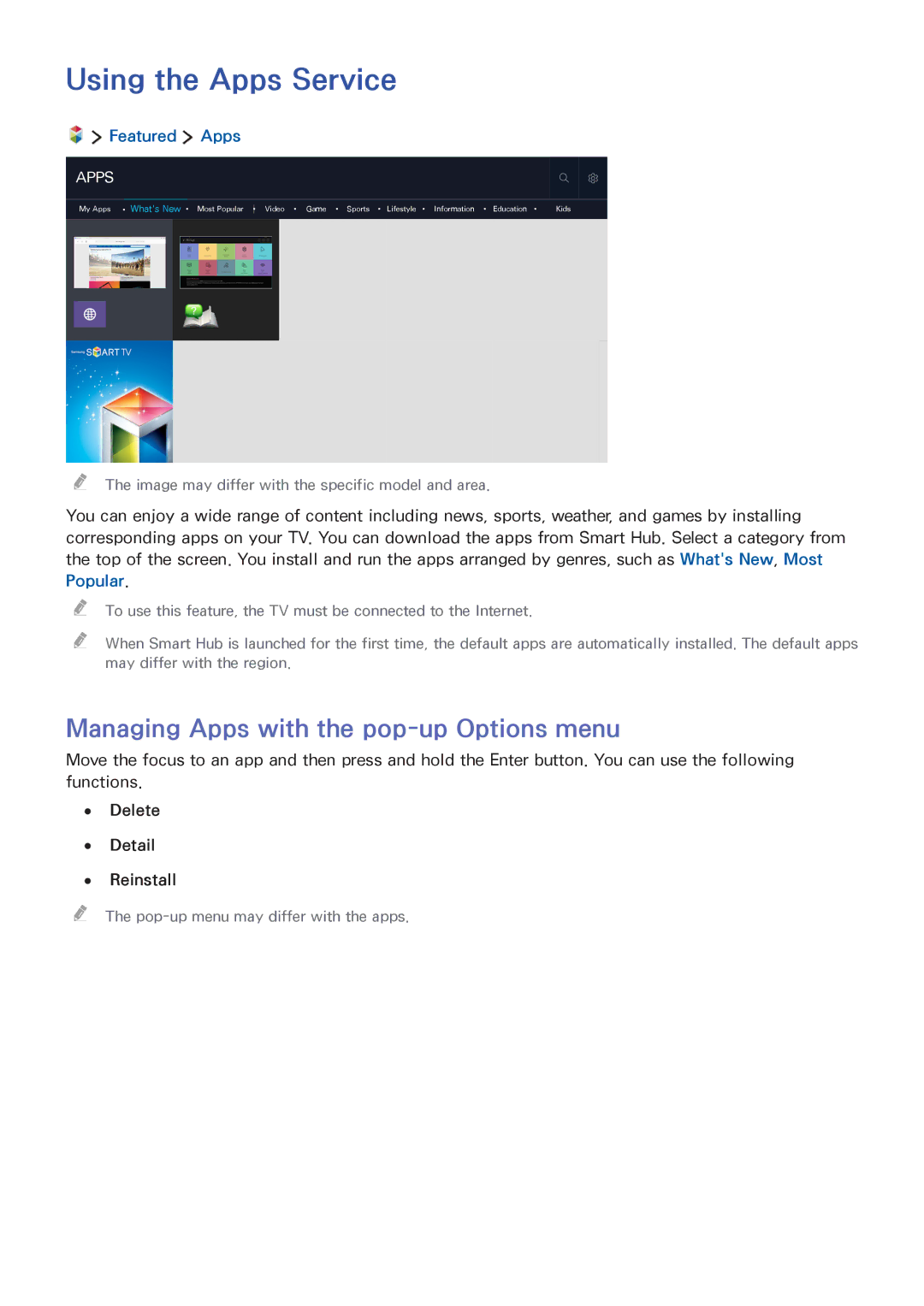 Samsung UA65JS9000RXUM, UA65JS9000RXZN Using the Apps Service, Managing Apps with the pop-up Options menu, Featured Apps 