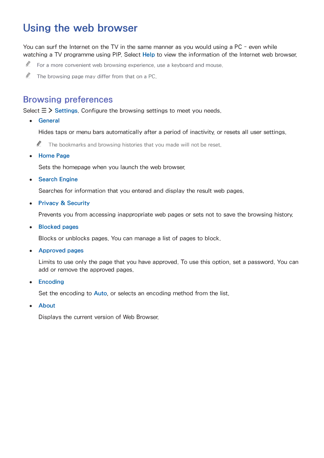 Samsung UA88JS9500RXUM, UA65JS9000RXZN, UA55JS9000RXUM, UA65JS9000RXUM manual Using the web browser, Browsing preferences 