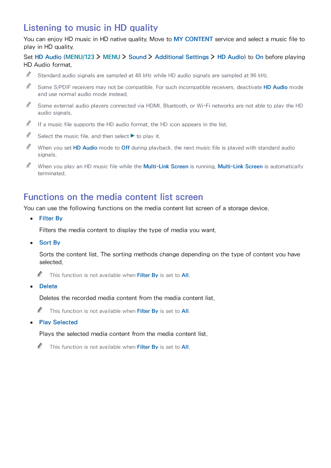 Samsung UA78JS9500RXUM, UA65JS9000RXZN manual Listening to music in HD quality, Functions on the media content list screen 
