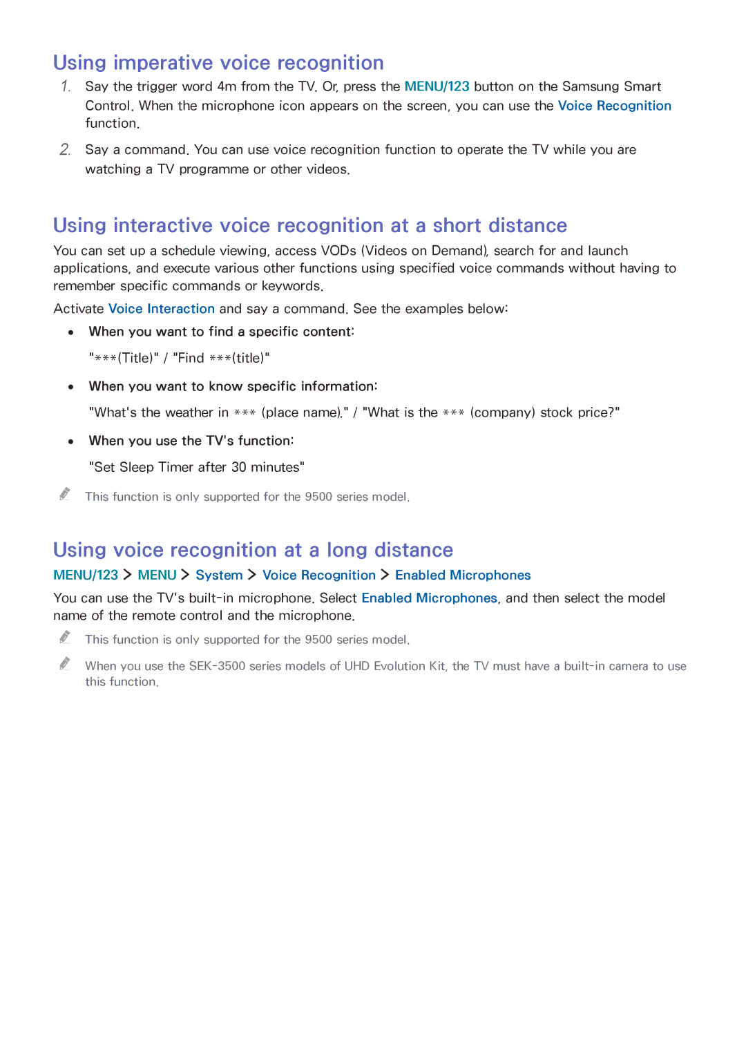 Samsung UA78JS9500RXUM manual Using imperative voice recognition, Using interactive voice recognition at a short distance 