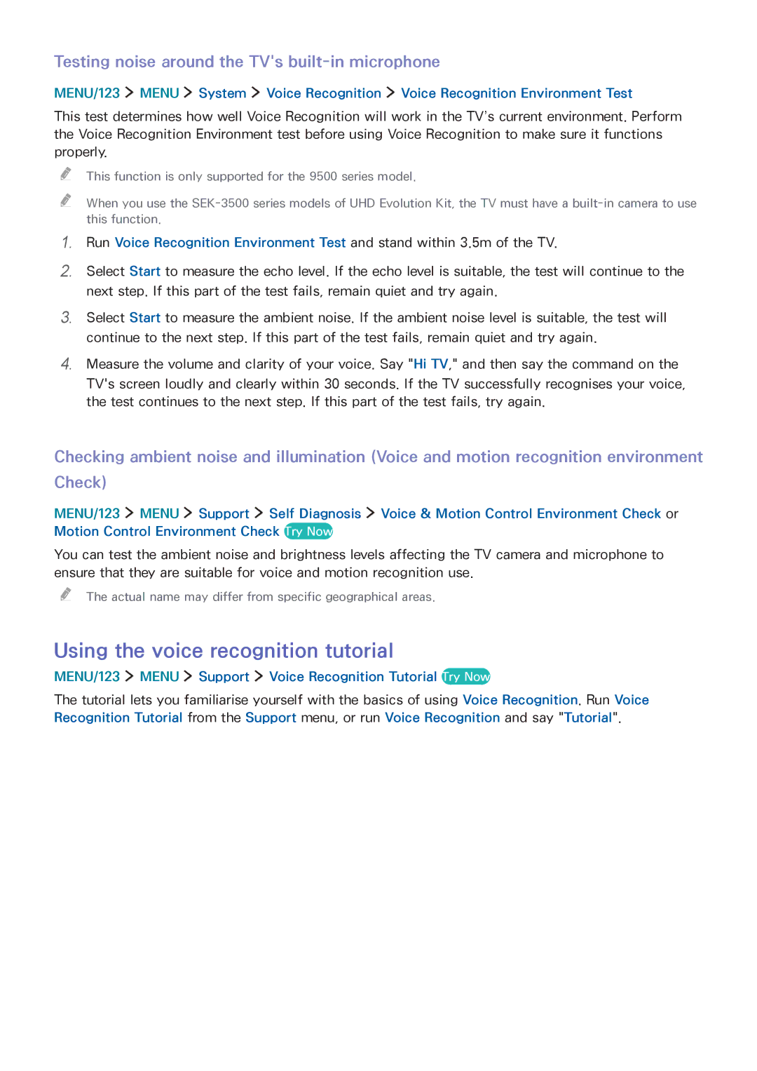 Samsung UA65JS9000RXZN manual Using the voice recognition tutorial, Testing noise around the TVs built-in microphone 