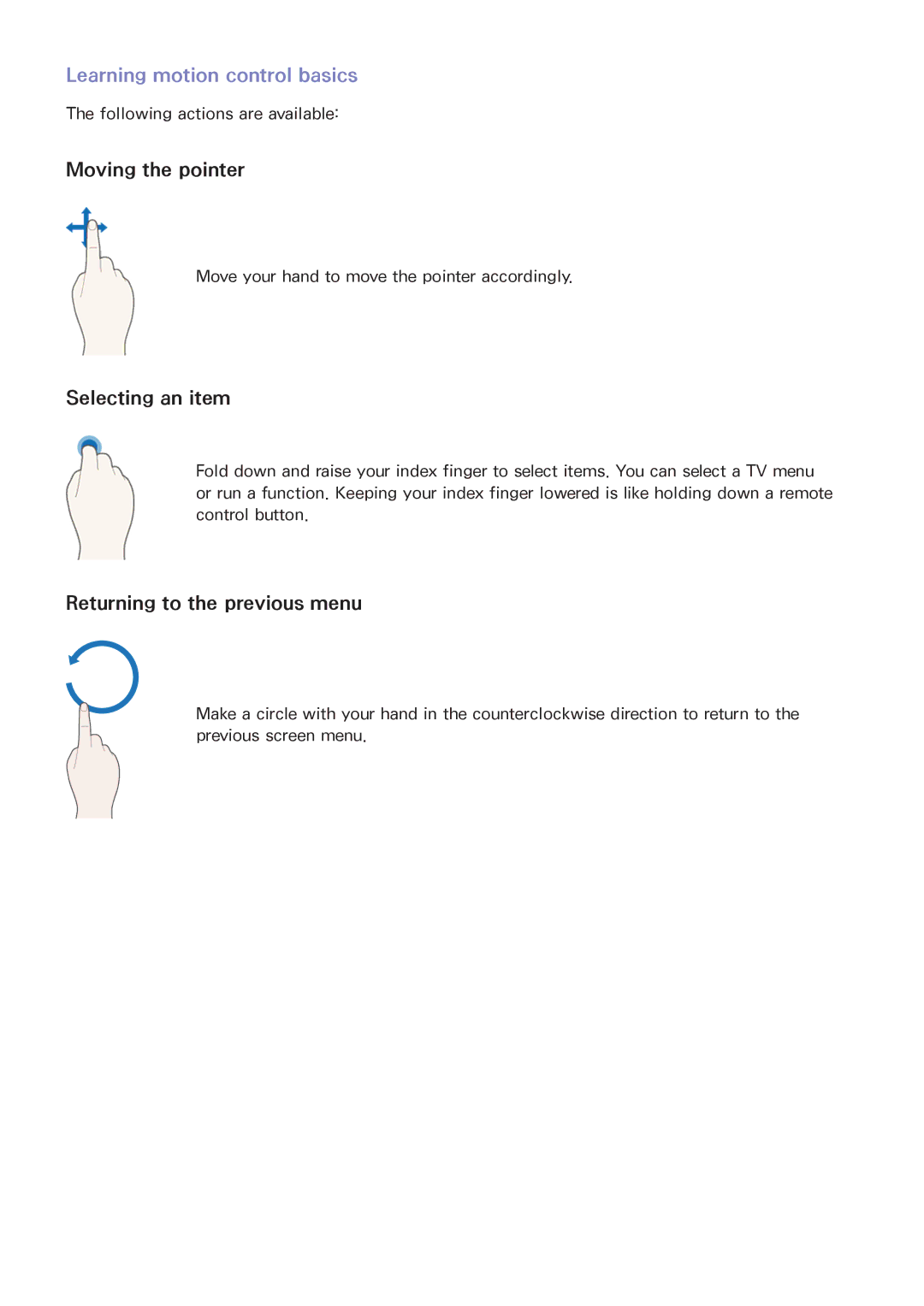 Samsung UA65JS9000RXUM, UA65JS9000RXZN, UA55JS9000RXUM manual Learning motion control basics, Following actions are available 