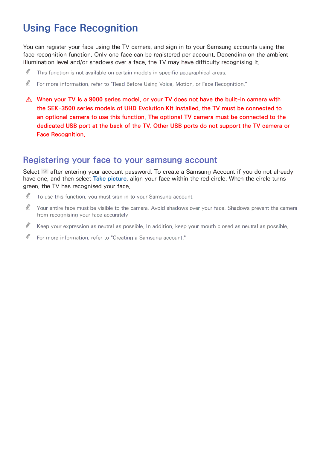 Samsung UA88JS9500RXUM, UA65JS9000RXZN manual Using Face Recognition, Registering your face to your samsung account 