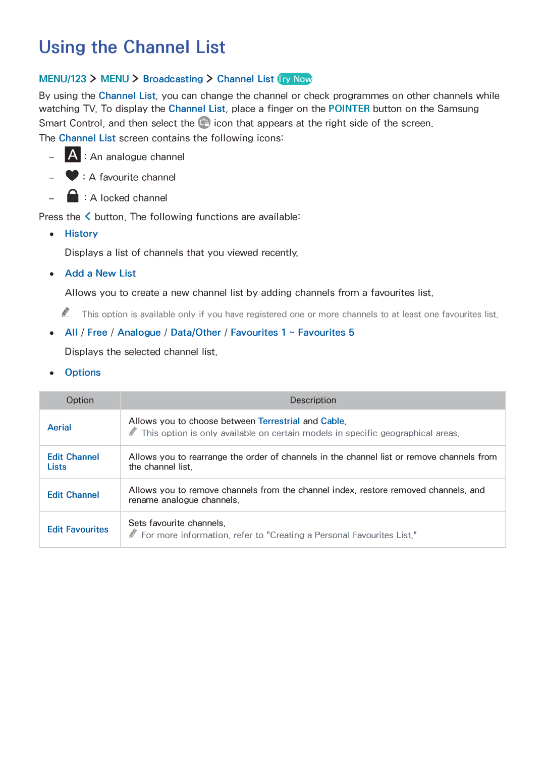 Samsung UA65JS9000RXZN Using the Channel List, MENU/123 Menu Broadcasting Channel List Try Now, History, Add a New List 