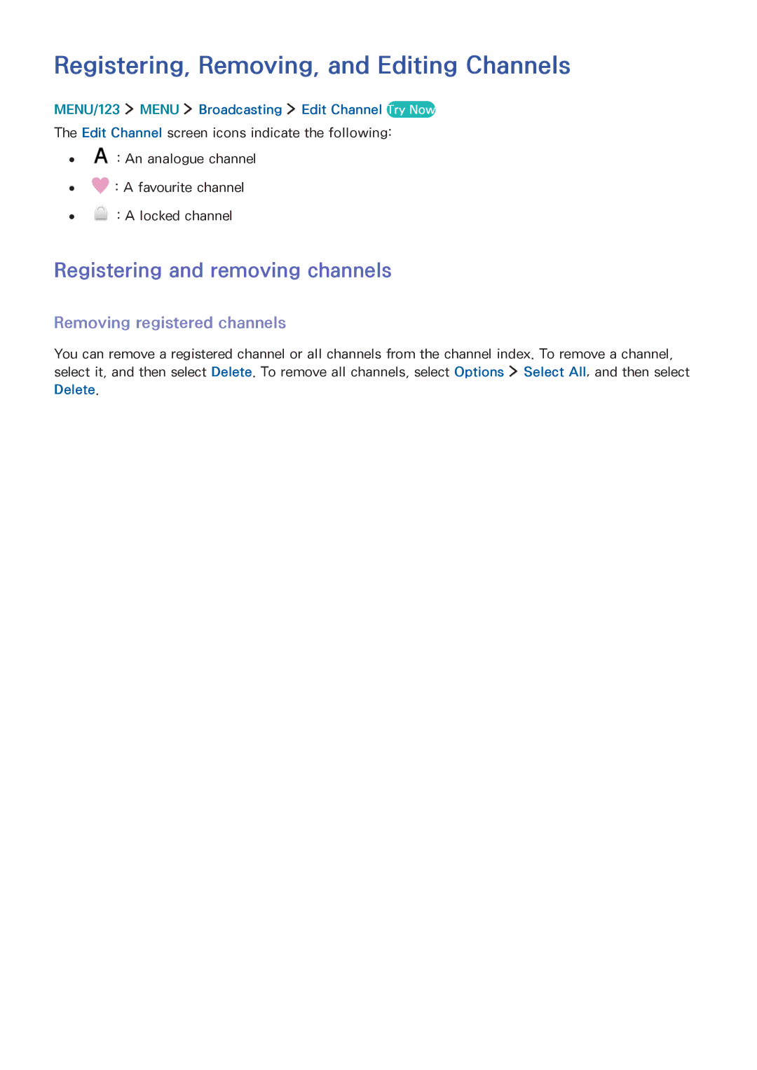 Samsung UA55JS9000RXUM, UA65JS9000RXZN manual Registering, Removing, and Editing Channels, Registering and removing channels 