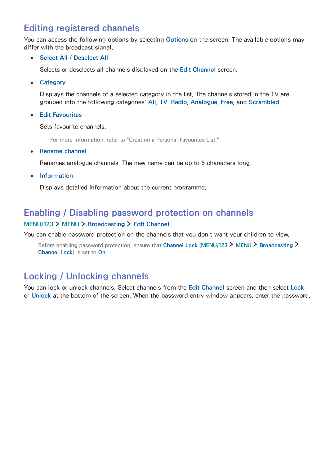 Samsung UA88JS9500RXUM, UA65JS9000RXZN Editing registered channels, Enabling / Disabling password protection on channels 