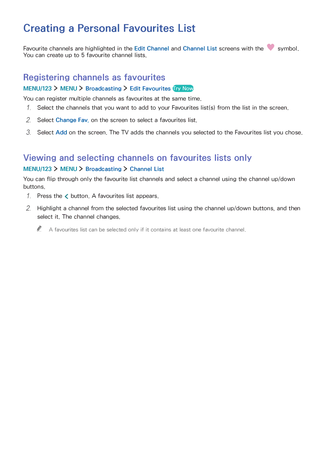 Samsung UA65JS9000RXUM, UA65JS9000RXZN manual Creating a Personal Favourites List, Registering channels as favourites 