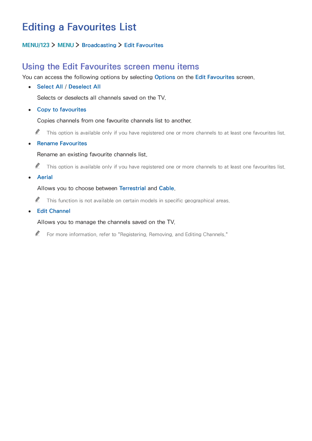 Samsung UA78JS9500RXUM, UA65JS9000RXZN manual Editing a Favourites List, Using the Edit Favourites screen menu items 