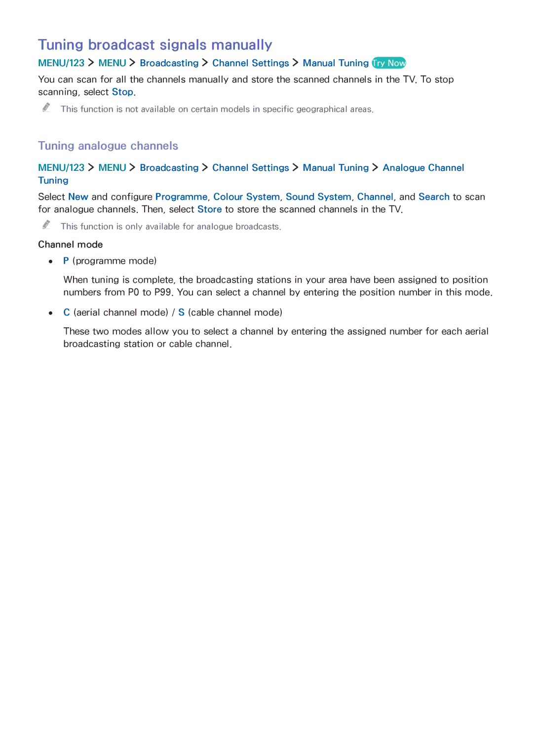 Samsung UA65JS9000RXUM, UA65JS9000RXZN, UA55JS9000RXUM Tuning broadcast signals manually, Tuning analogue channels 