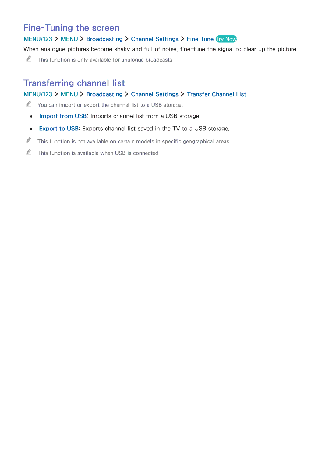 Samsung UA78JS9500RXUM, UA65JS9000RXZN, UA55JS9000RXUM, UA88JS9500RXUM Fine-Tuning the screen, Transferring channel list 