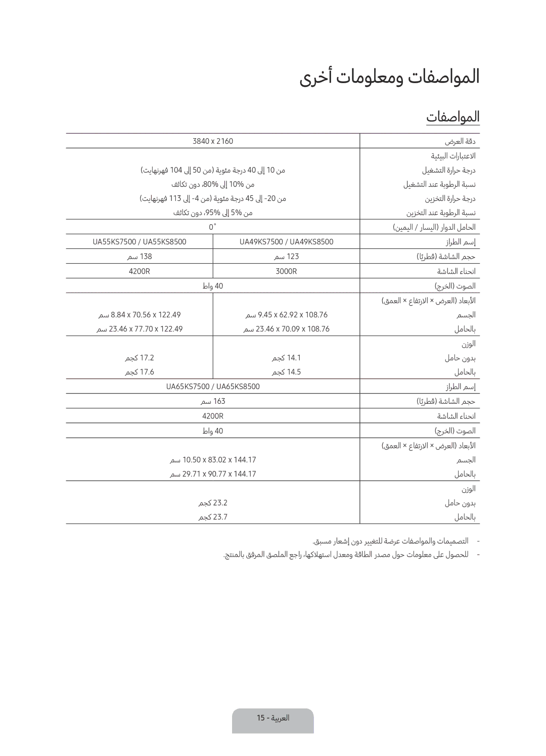 Samsung UA65KS8500KXZN manual ىرخأ تامولعمو تافصاوملا 