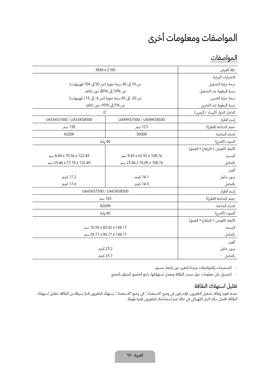 Samsung UA65KS8500RXUM, UA49KS8500RXUM, UA55KS8500RXUM manual ىرخأ تامولعمو تافصاوملا, ةقاطلا كلاهتسا ليلقت 