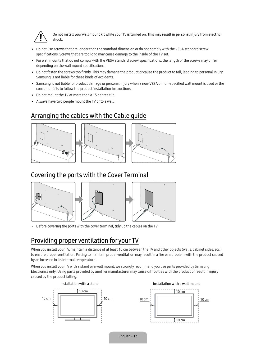 Samsung UA49KS8500RXUM, UA65KS8500RXUM, UA55KS8500RXUM manual Providing proper ventilation for your TV 