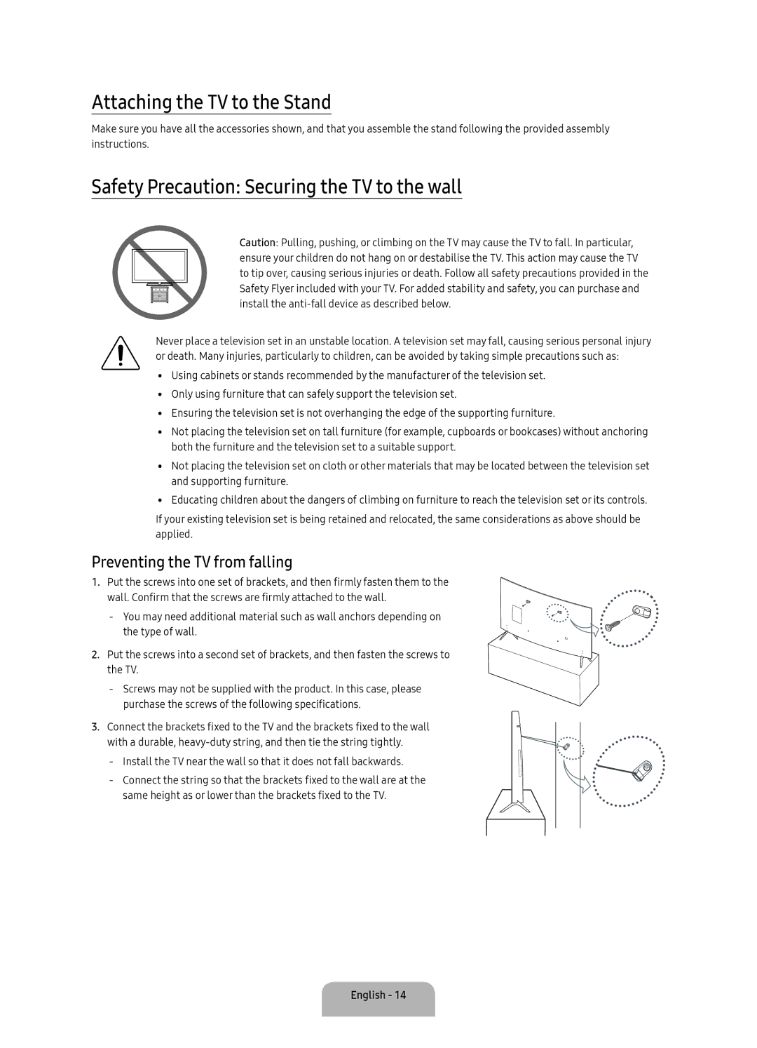 Samsung UA55KS8500RXUM, UA65KS8500RXUM manual Attaching the TV to the Stand, Safety Precaution Securing the TV to the wall 