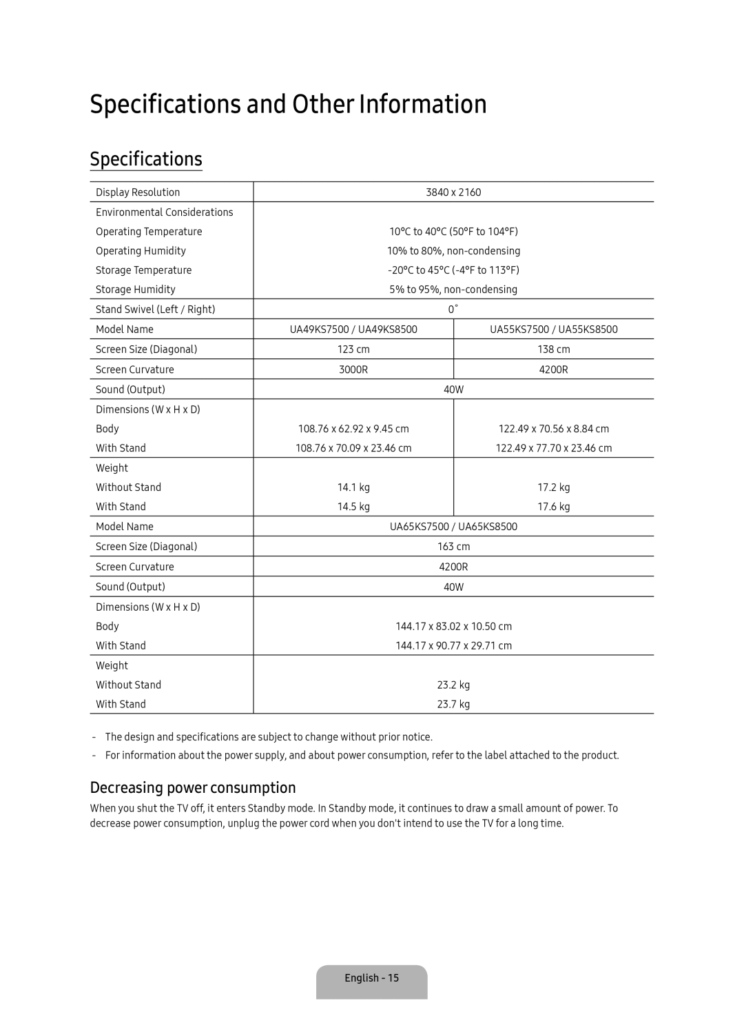 Samsung UA65KS8500RXUM, UA49KS8500RXUM, UA55KS8500RXUM Specifications and Other Information, Decreasing power consumption 