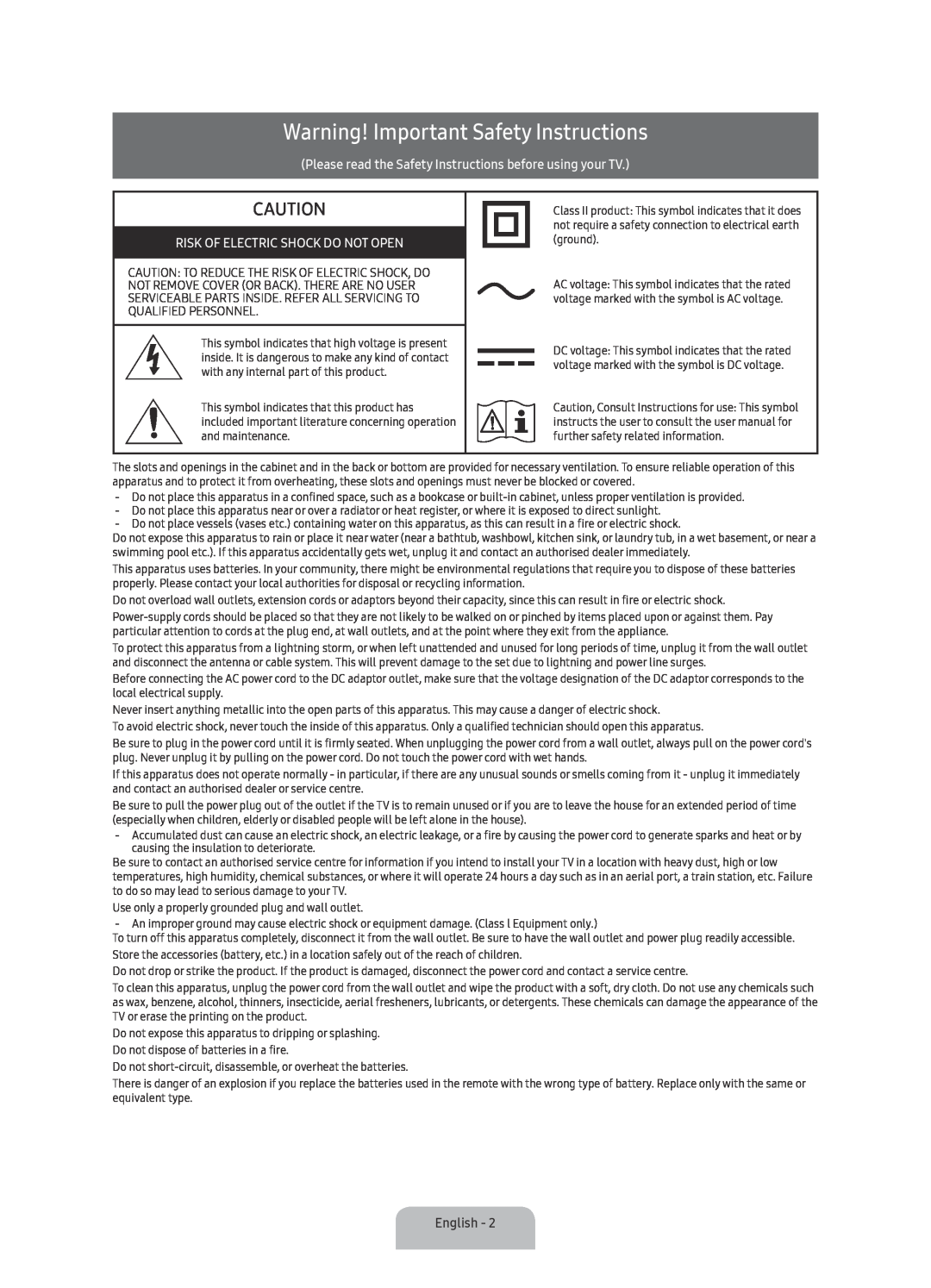 Samsung UA55KS9000KXXV manual Please read the Safety Instructions before using your TV, Risk Of Electric Shock Do Not Open 