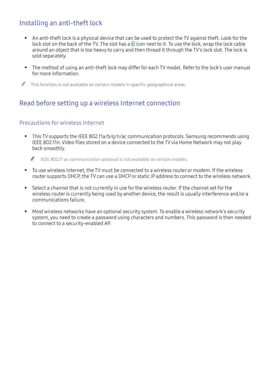 Samsung UA49KU6500KXXV manual Installing an anti-theft lock, Read before setting up a wireless Internet connection 