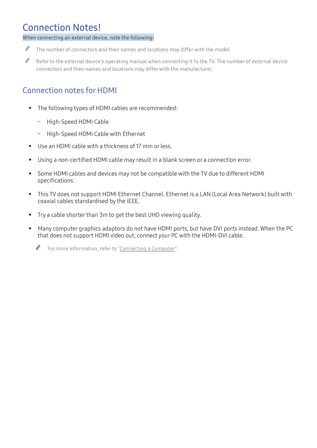 Samsung UA60KU6000KXXV, UA65KS9500KXZN, UA65KU7350KXZN, UA60KS8000KXZN manual Connection Notes, Connection notes for Hdmi 