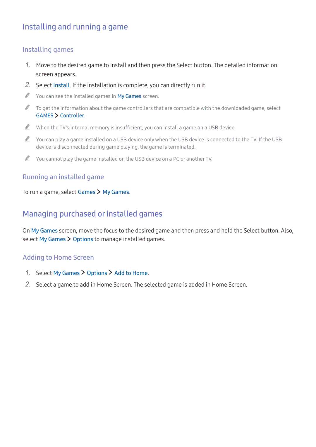 Samsung UA43KU6400KXXV manual Installing and running a game, Managing purchased or installed games, Installing games 