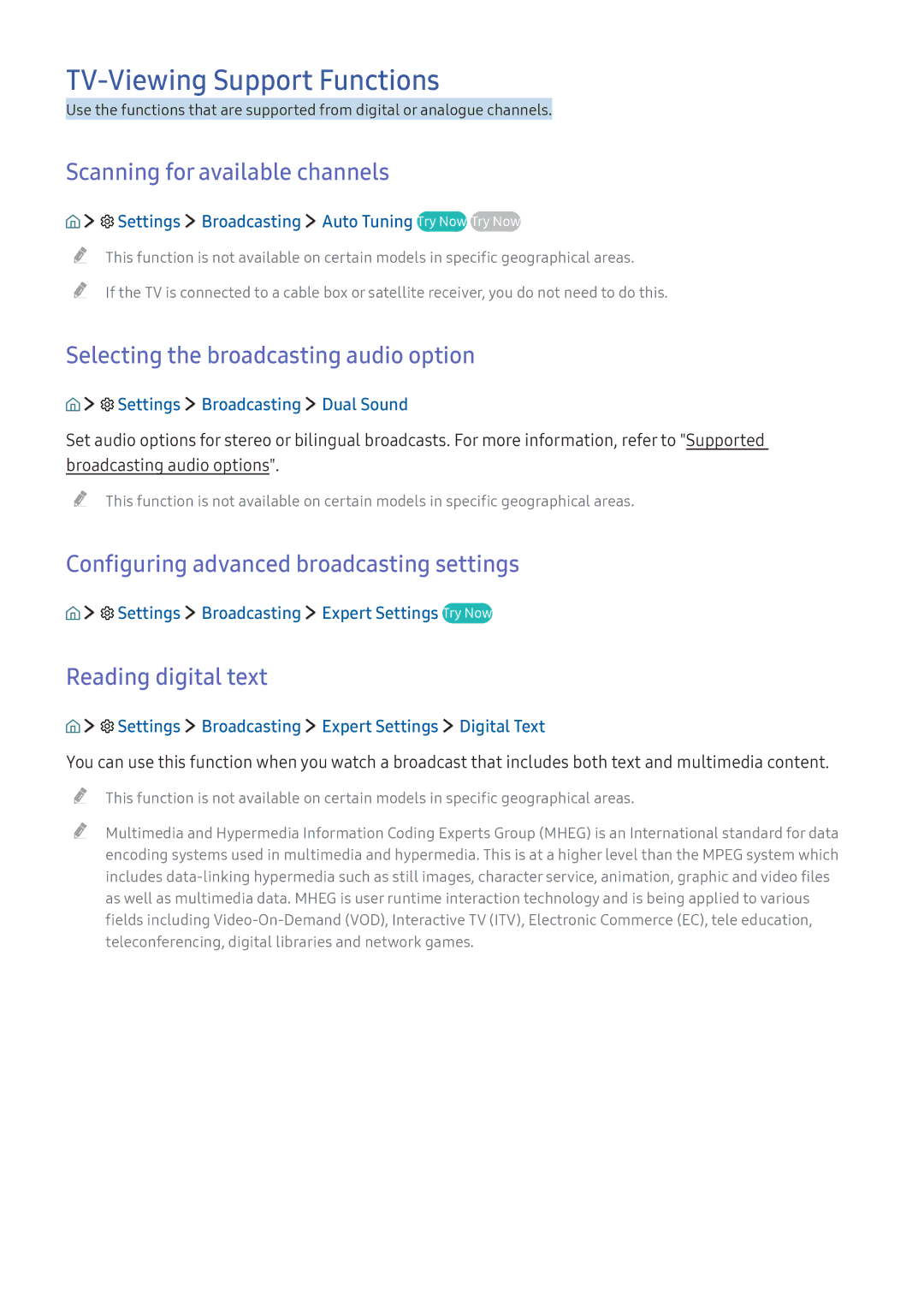 Samsung UA65KU6000KXXV, UA65KS9500KXZN TV-Viewing Support Functions, Scanning for available channels, Reading digital text 