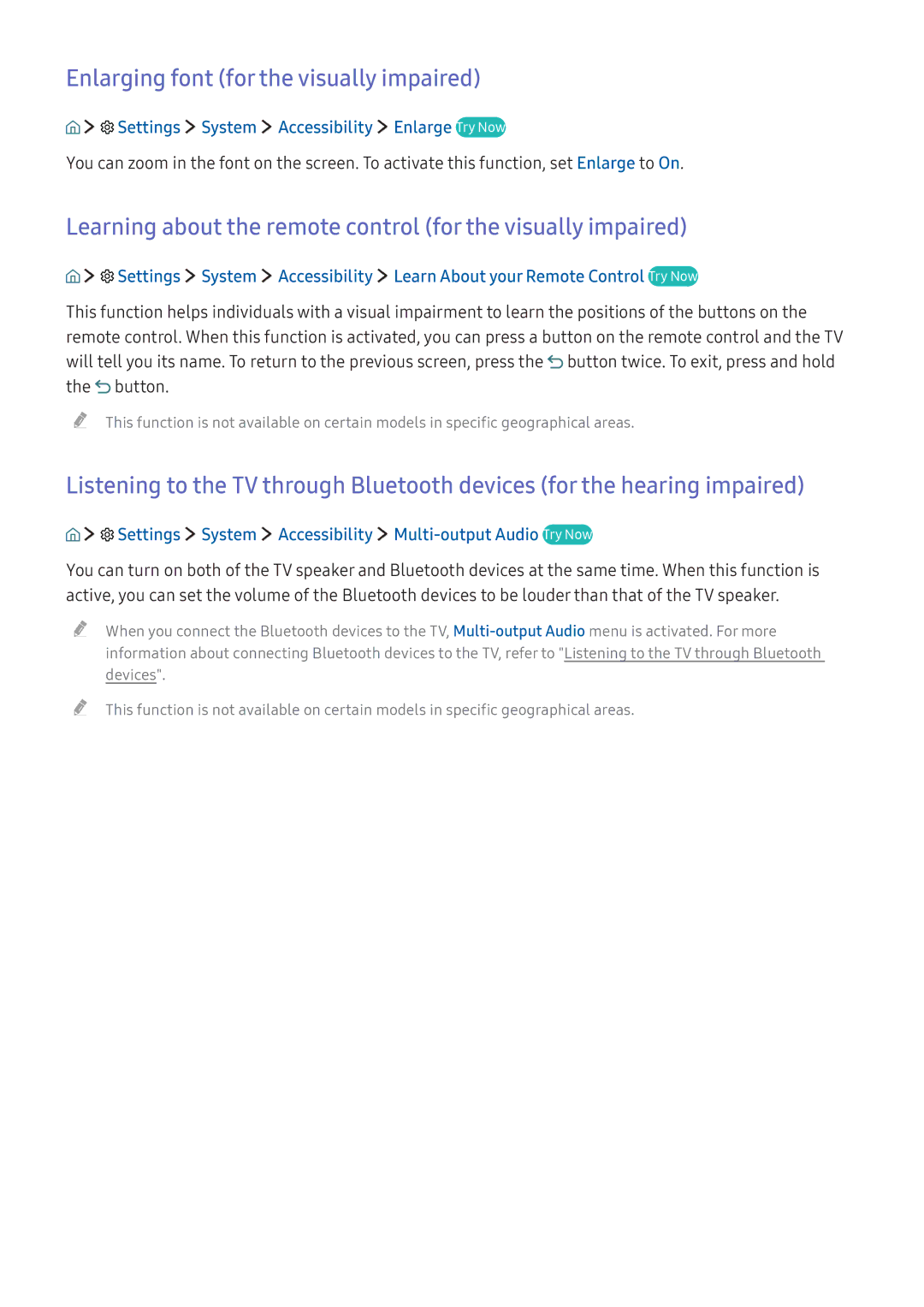 Samsung UA78KS9000KXXV manual Enlarging font for the visually impaired, Settings System Accessibility Enlarge Try Now 