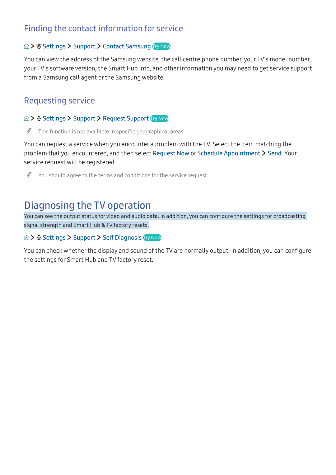 Samsung UA65KU7350KXZN manual Diagnosing the TV operation, Finding the contact information for service, Requesting service 