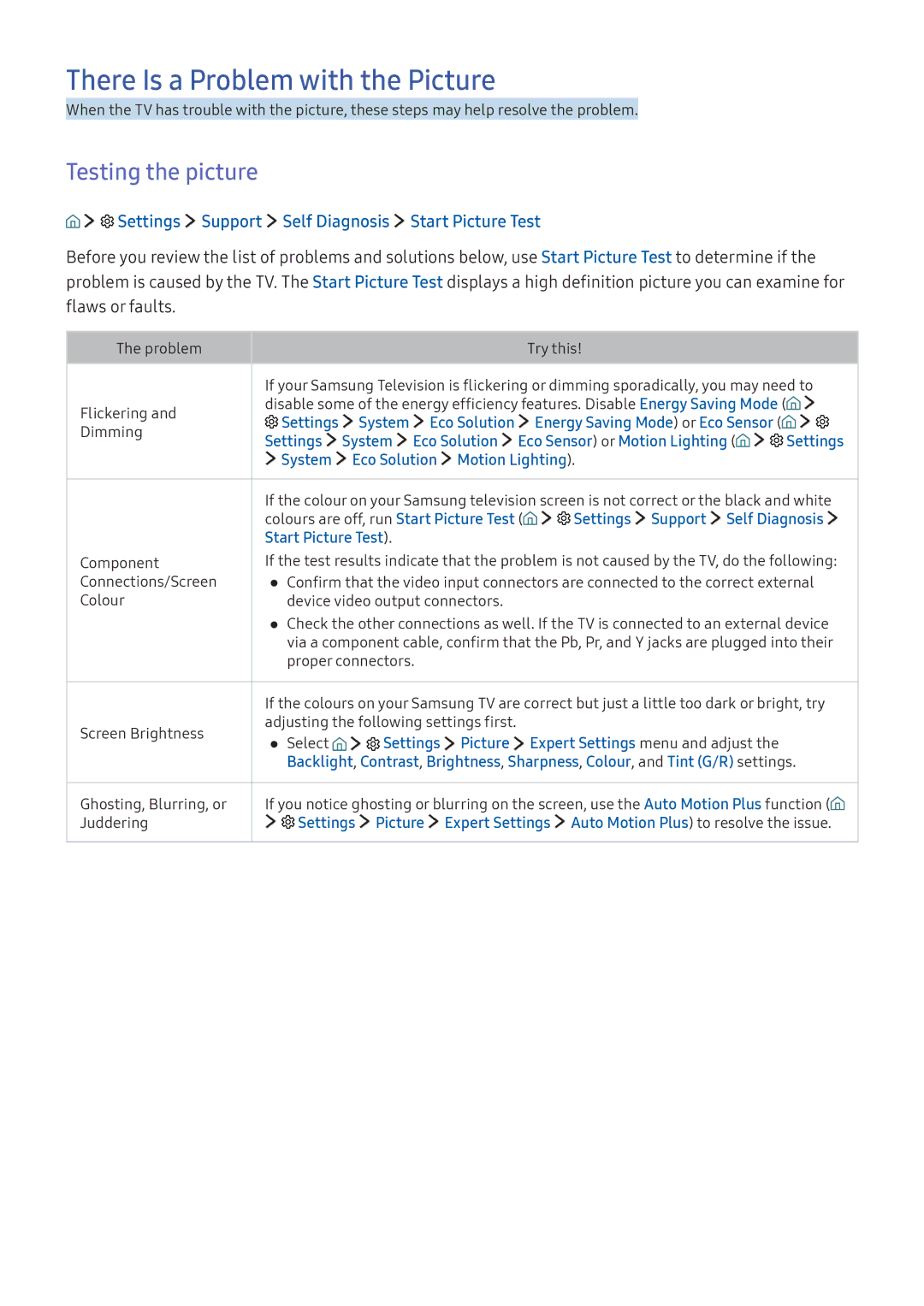 Samsung UA60KS8000KXZN, UA65KS9500KXZN, UA65KU7350KXZN manual There Is a Problem with the Picture, Testing the picture 