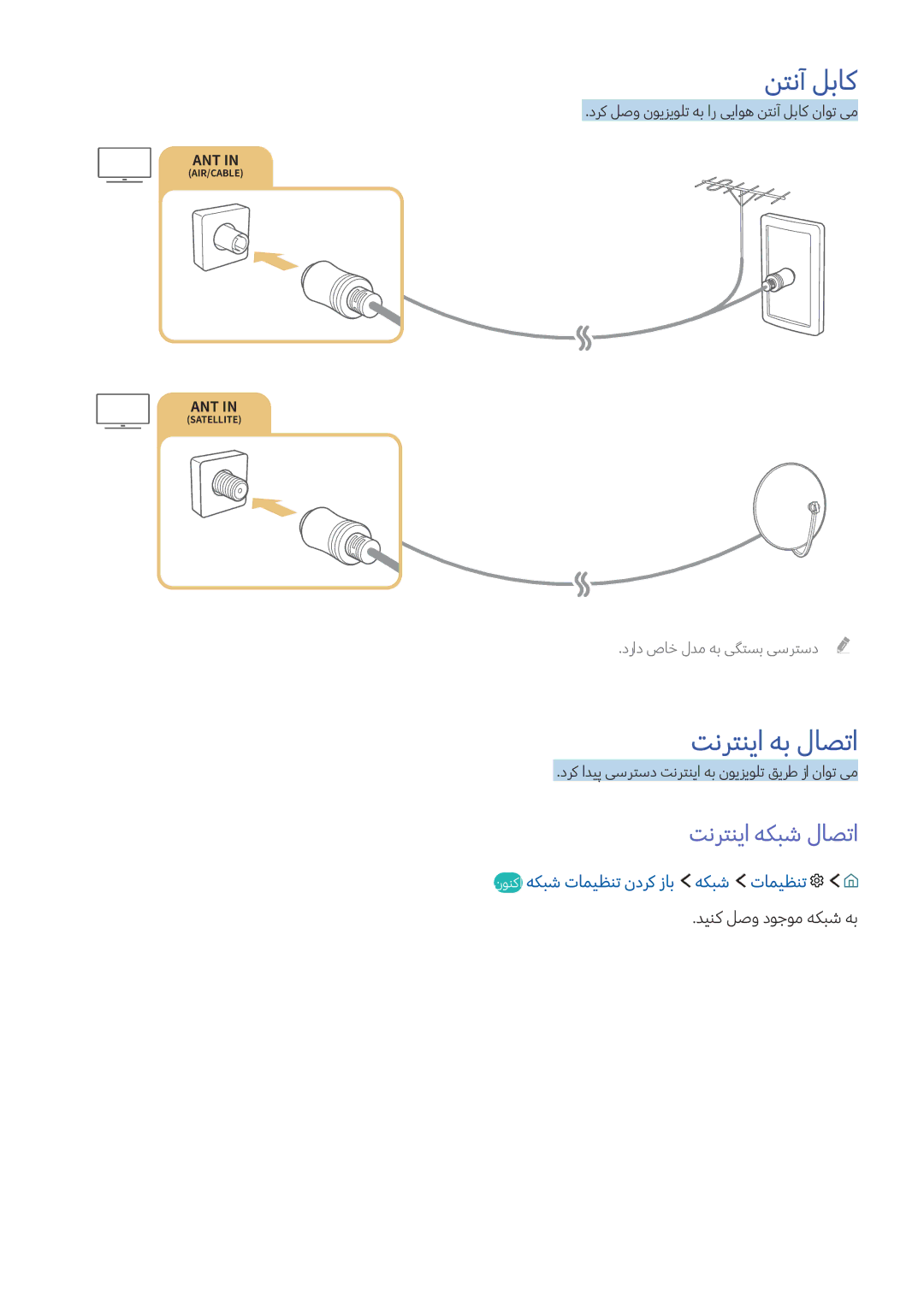 Samsung UA55KU7500KXZN manual نتنآ لباک, تنرتنیا هب لاصتا, تنرتنیا هکبش لاصتا, نونکا هکبش تامیظنت ندرک زاب هکبش تامیظنت 