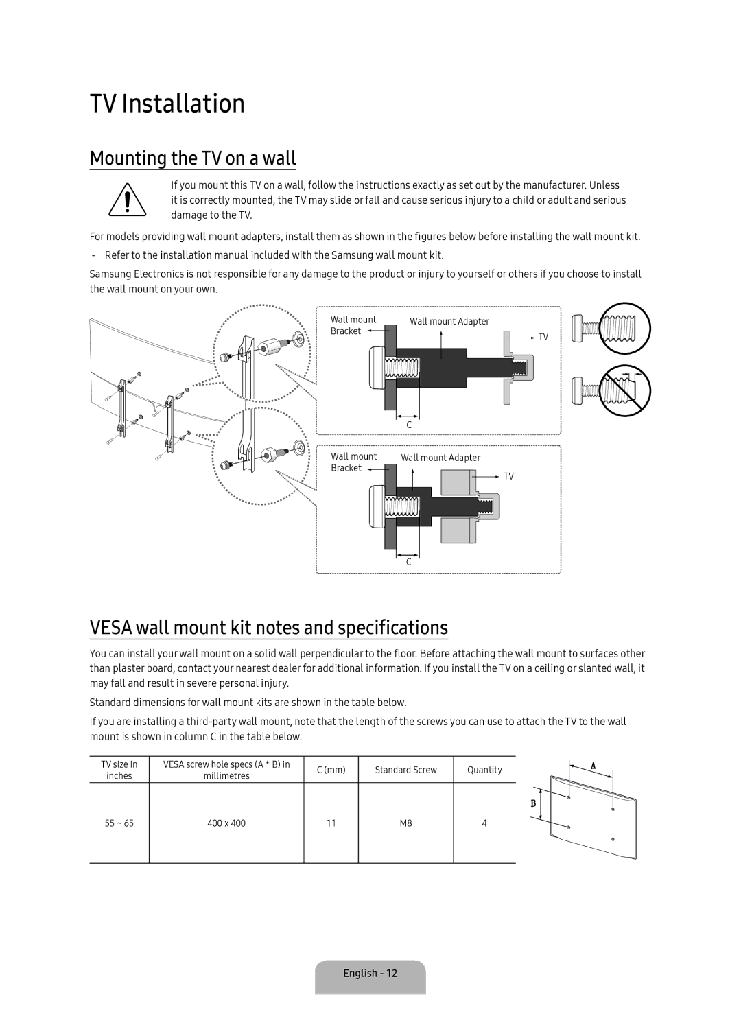 Samsung UA65KS9500RXUM manual TV Installation, Mounting the TV on a wall, Vesa wall mount kit notes and specifications 