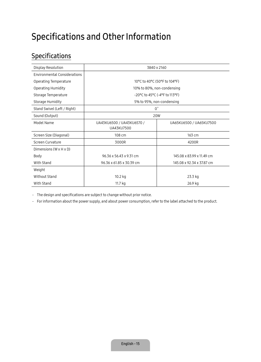 Samsung UA65KU7500KXZN, UA43KU6500KXXV, UA65KU6500KXXV manual Specifications and Other Information 