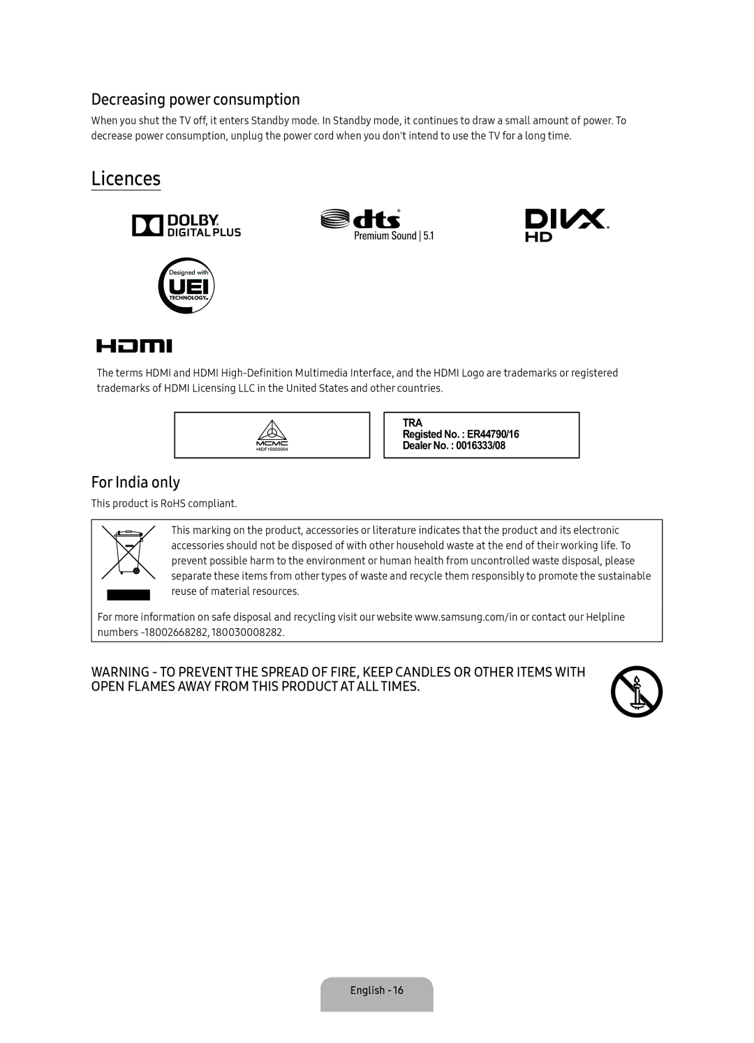 Samsung UA43KU6500KXXV, UA65KU7500KXZN, UA65KU6500KXXV manual Licences, Decreasing power consumption, For India only 