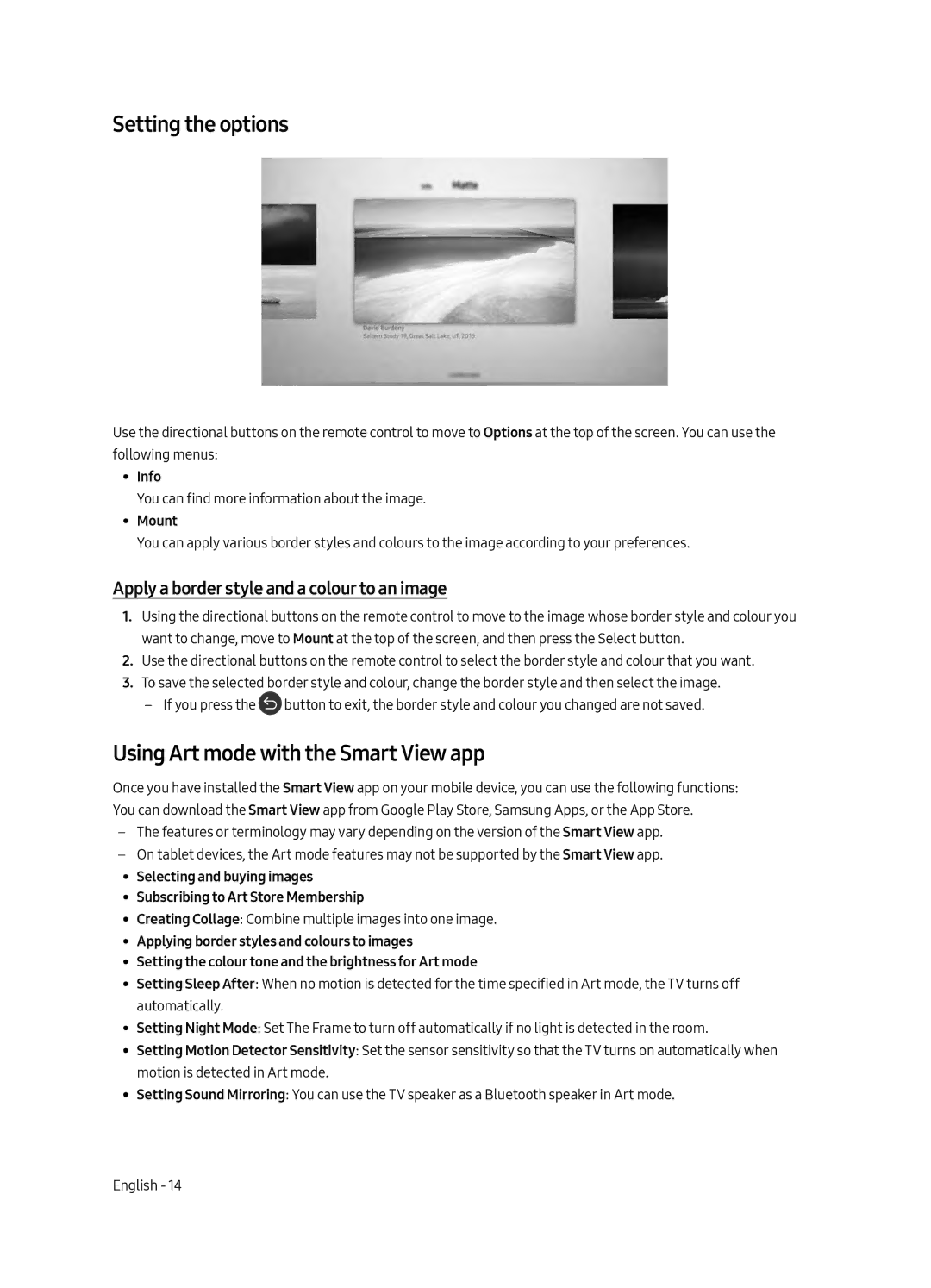 Samsung UA65LS003ARXUM, UA55LS003ARXUM manual Setting the options, Using Art mode with the Smart View app, Info, Mount 