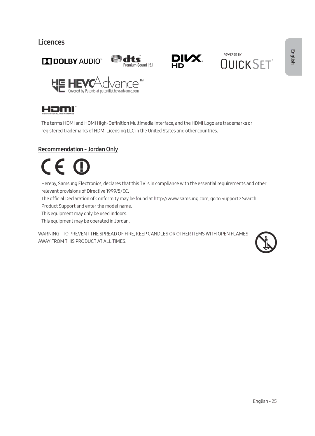 Samsung UA55LS003ARXUM, UA65LS003ARXUM manual Licences, Recommendation Jordan Only 