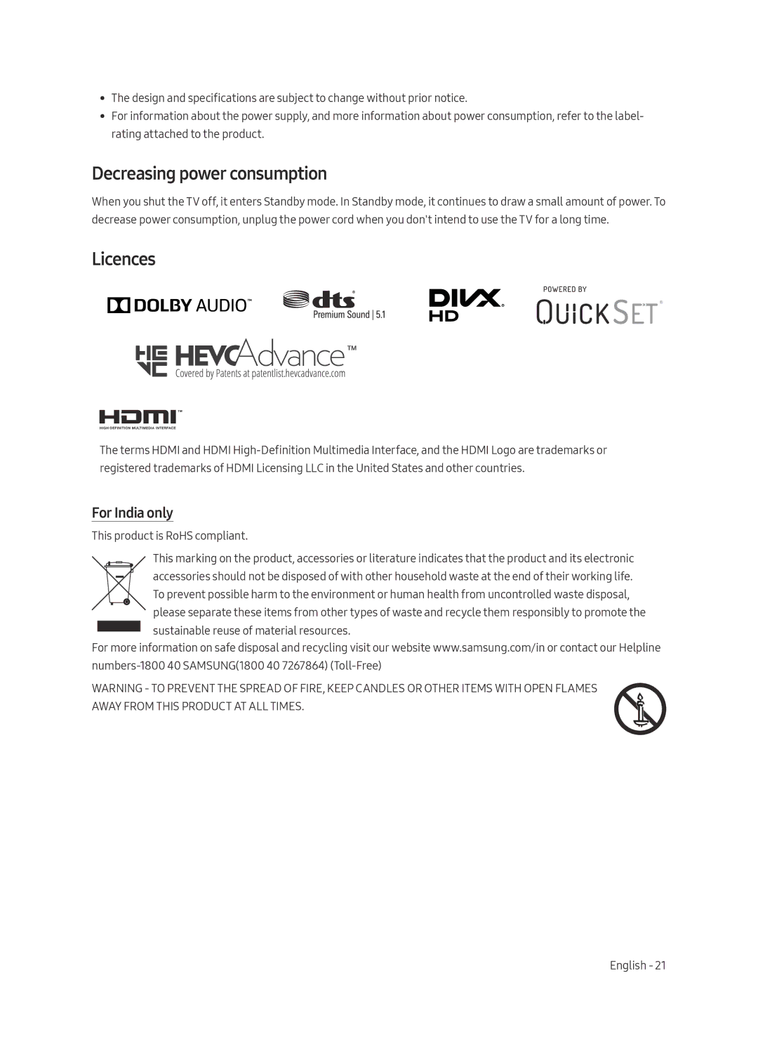 Samsung UA65MU6300KXXV, UA49MU6300KXXV, UA55MU6300KXXV manual Decreasing power consumption, Licences, For India only 