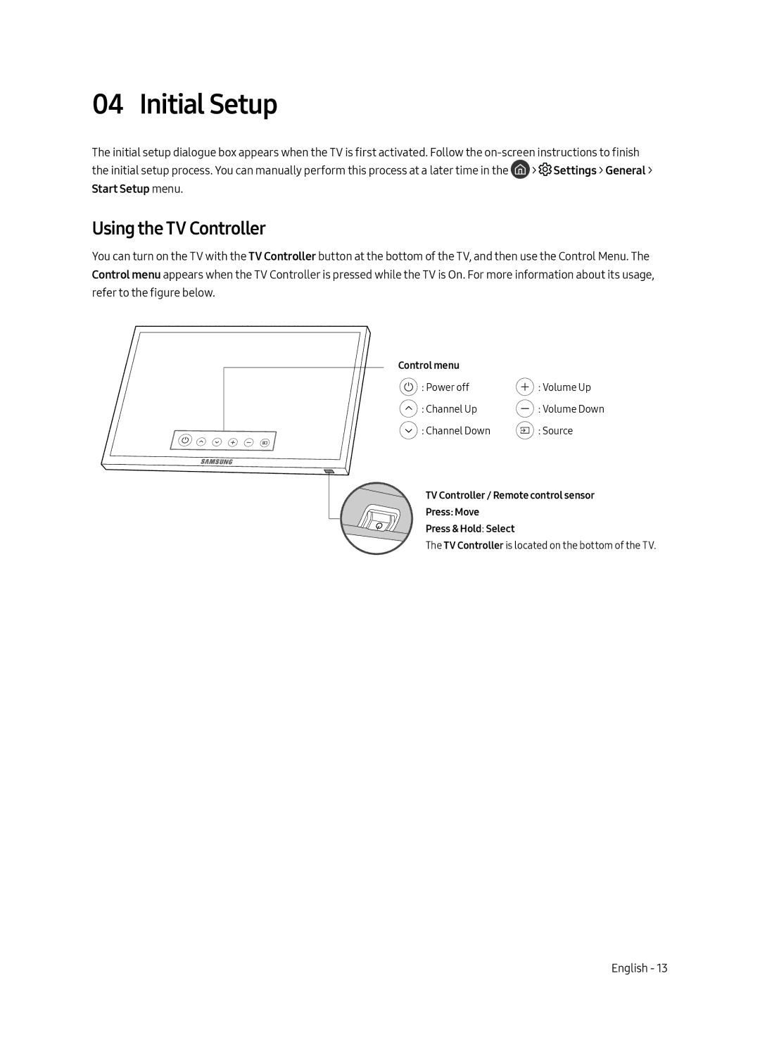 Samsung UA55MU6500KXXV, UA65MU6500KXXV, UA49MU6500KXXV manual Initial Setup, Using the TV Controller 