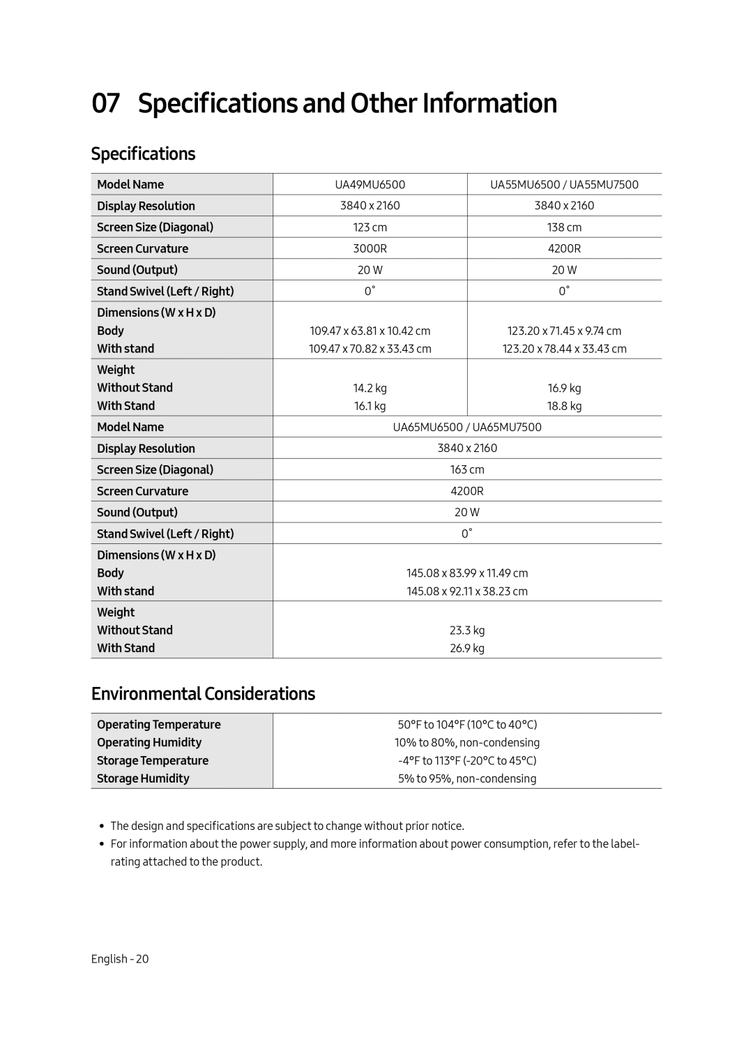 Samsung UA49MU6500KXXV, UA65MU6500KXXV, UA55MU6500KXXV Specifications and Other Information, Environmental Considerations 