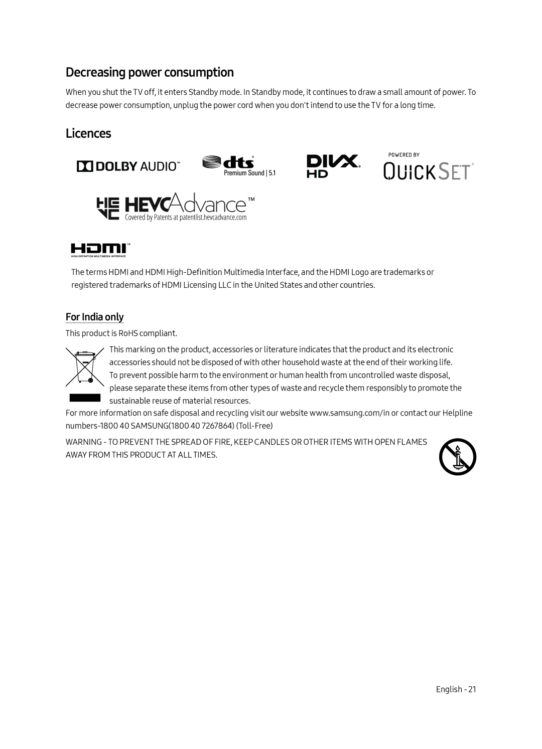 Samsung UA65MU6500KXXV, UA55MU6500KXXV, UA49MU6500KXXV manual Decreasing power consumption, Licences, For India only 