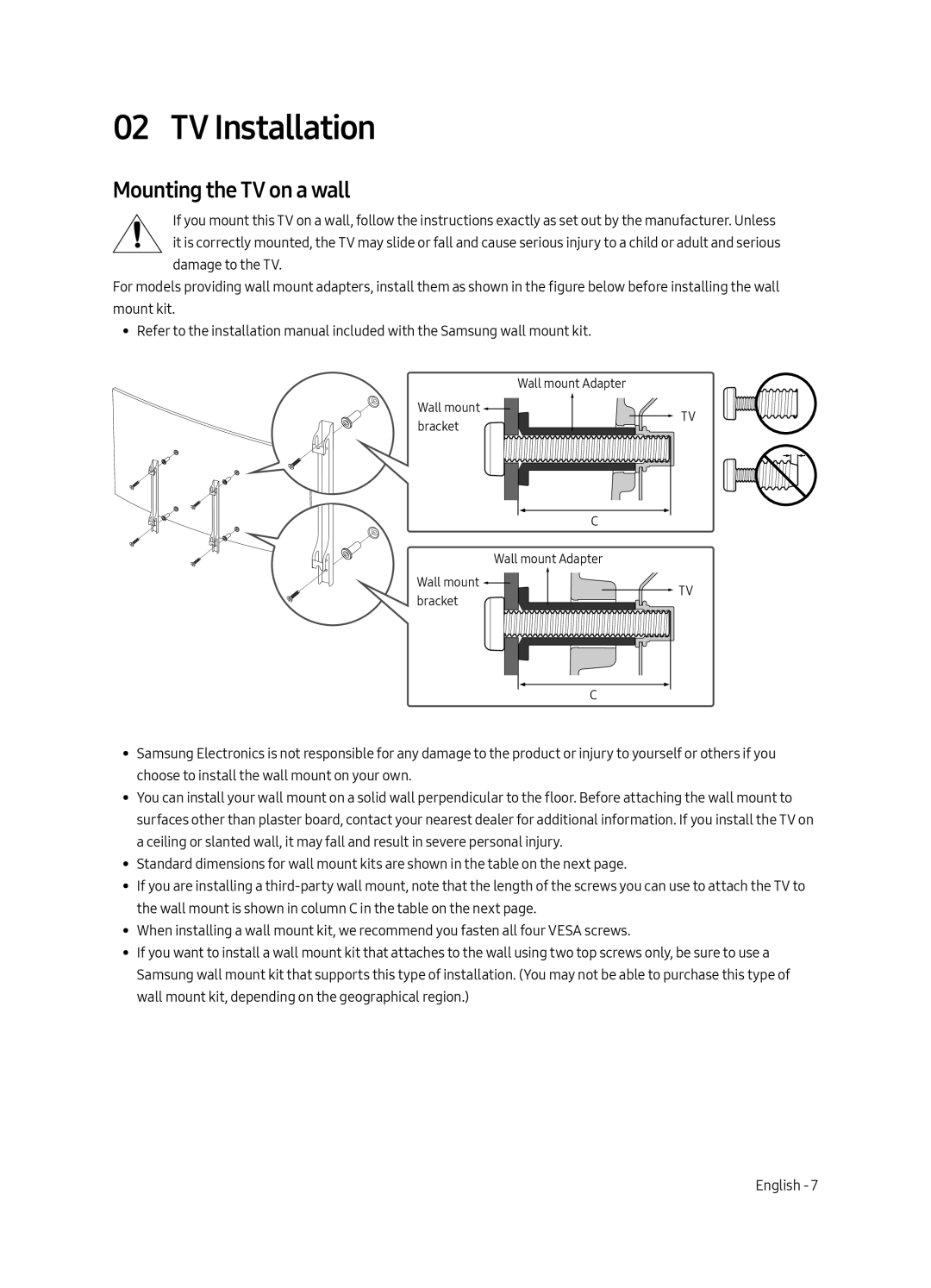 Samsung UA55MU6500KXXV, UA65MU6500KXXV, UA49MU6500KXXV manual TV Installation, Mounting the TV on a wall 