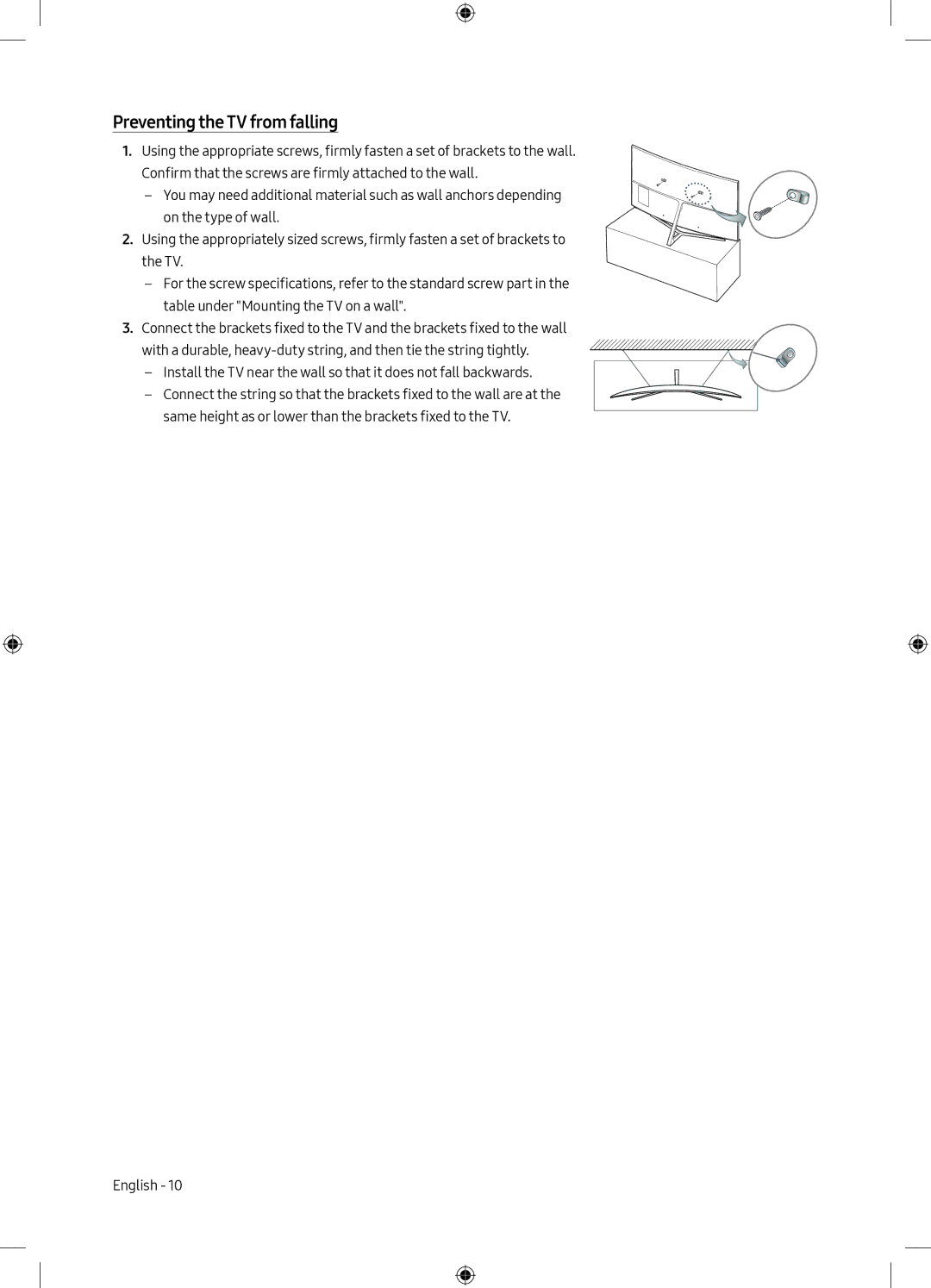 Samsung UA65MU9000KXXV, UA55MU9000KXXV manual Preventing the TV from falling 