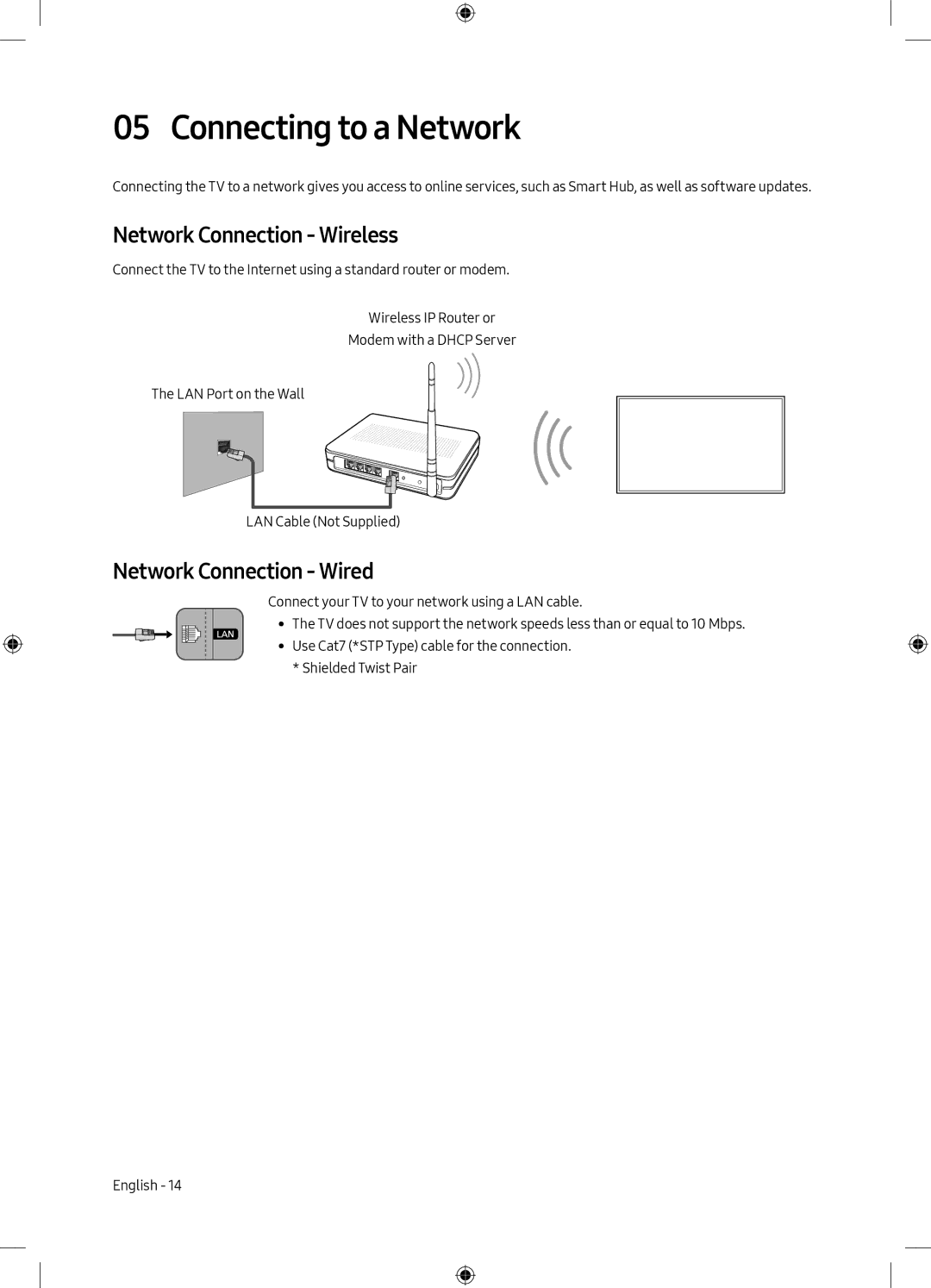 Samsung UA65MU9000KXXV, UA55MU9000KXXV manual Connecting to a Network, Network Connection Wireless, Network Connection Wired 