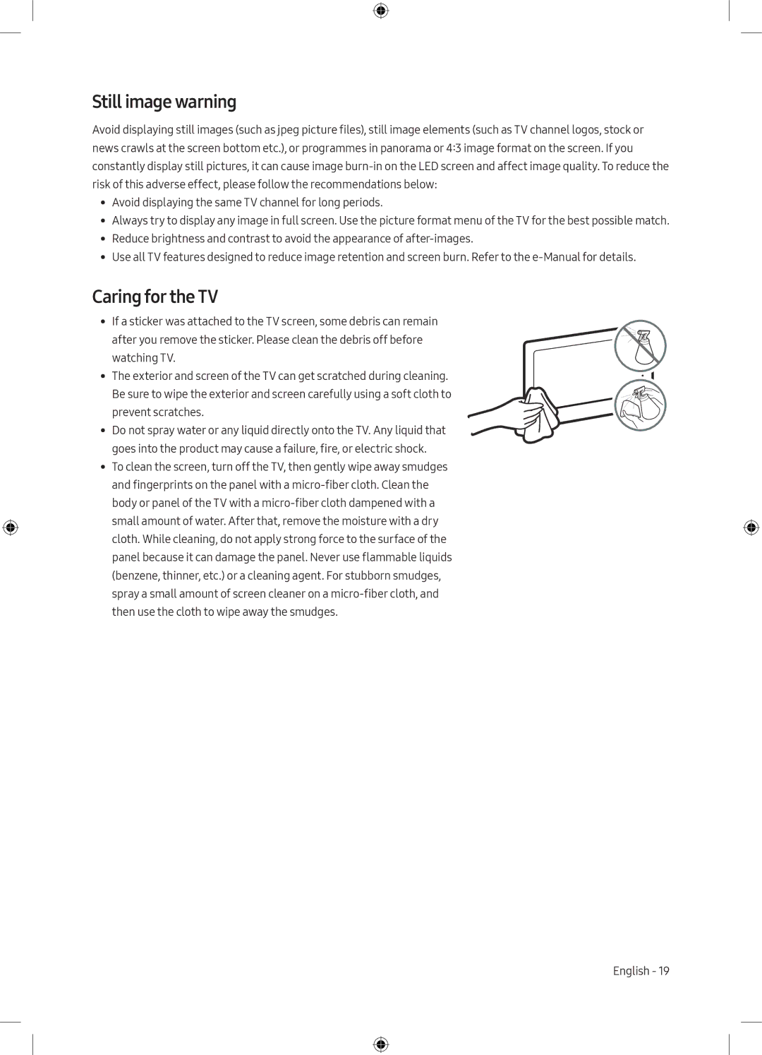 Samsung UA55MU9000KXXV, UA65MU9000KXXV manual Still image warning, Caring for the TV 