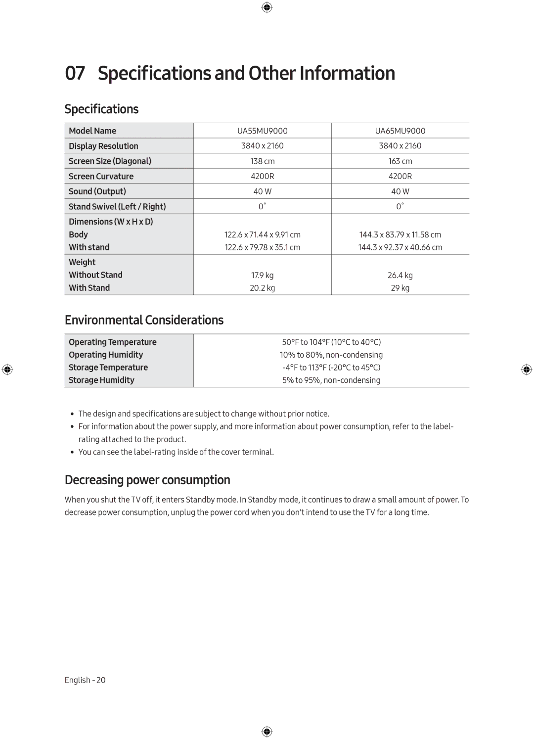 Samsung UA65MU9000KXXV Specifications and Other Information, Environmental Considerations, Decreasing power consumption 