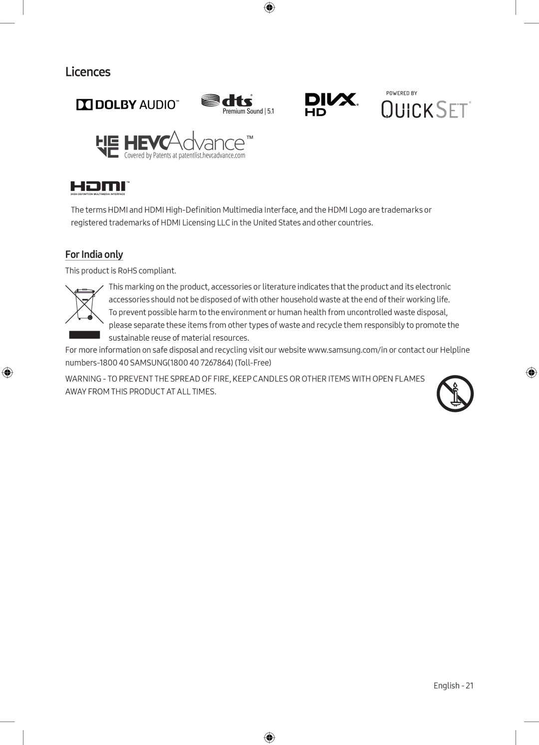 Samsung UA55MU9000KXXV, UA65MU9000KXXV manual Licences, For India only 