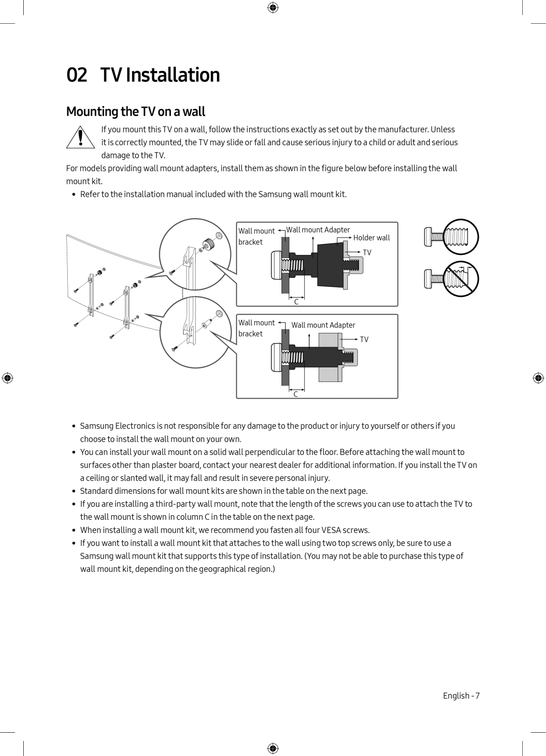 Samsung UA55MU9000KXXV, UA65MU9000KXXV manual TV Installation, Mounting the TV on a wall 