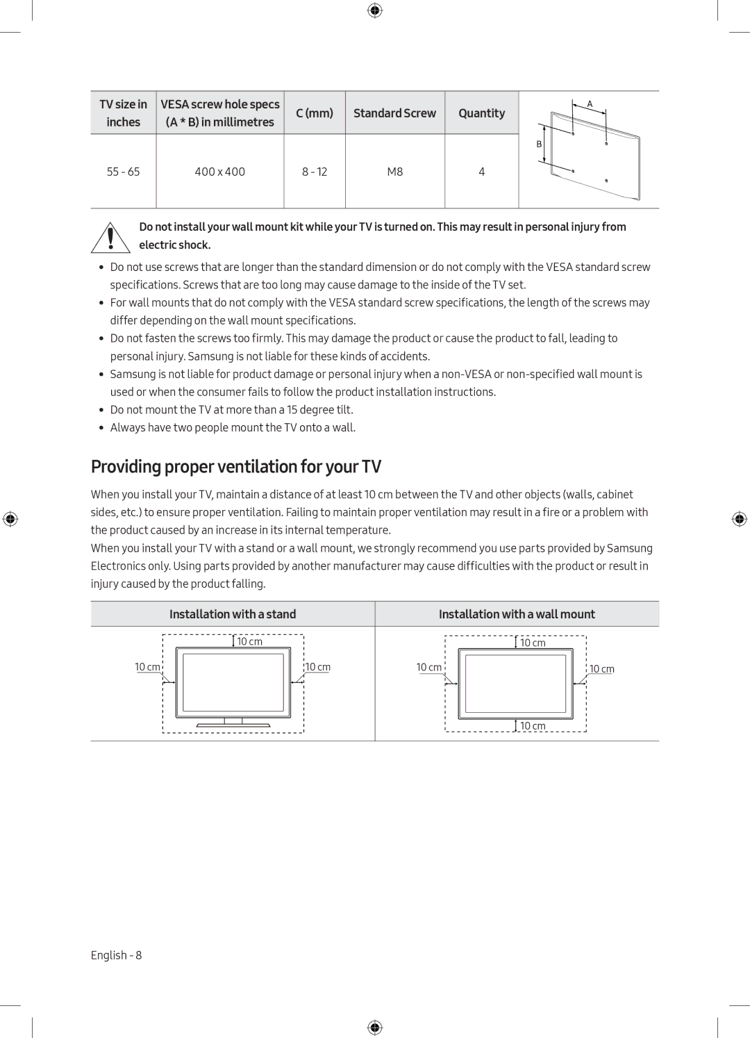 Samsung UA65MU9000KXXV, UA55MU9000KXXV manual Providing proper ventilation for your TV 