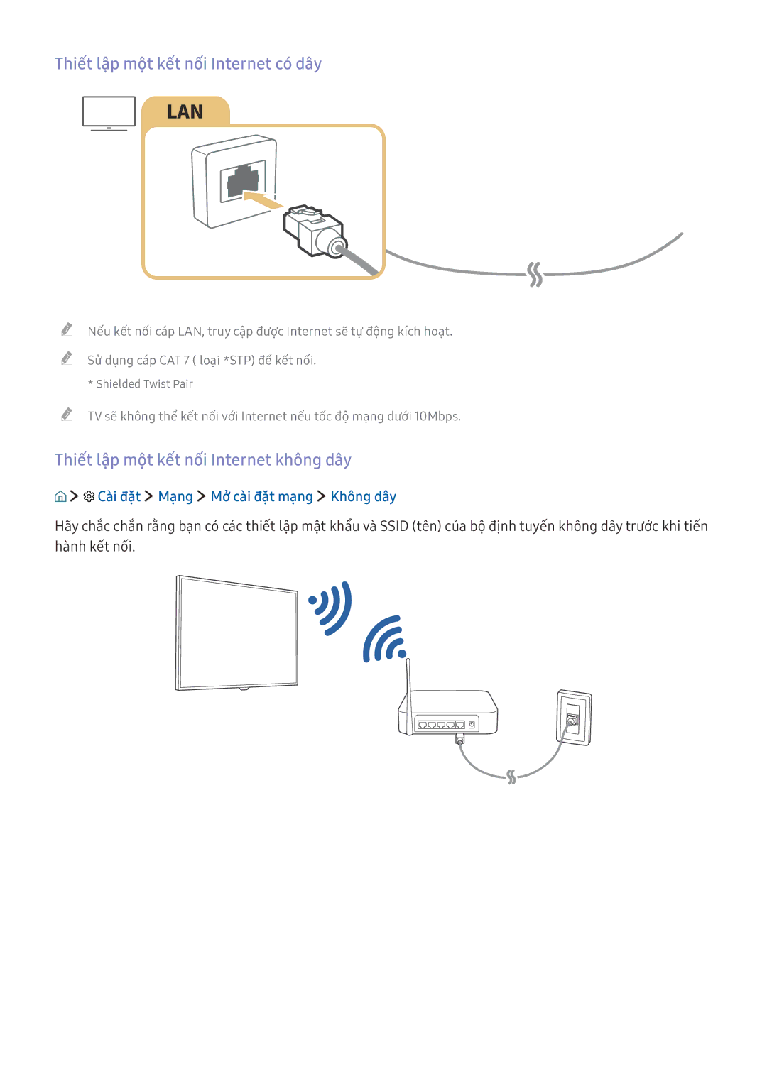 Samsung UA60KU6000KXXV, UA70KU6000KXXV Thiết lập một kết nối Internet có dây, Thiết lập một kết nối Internet không dây 