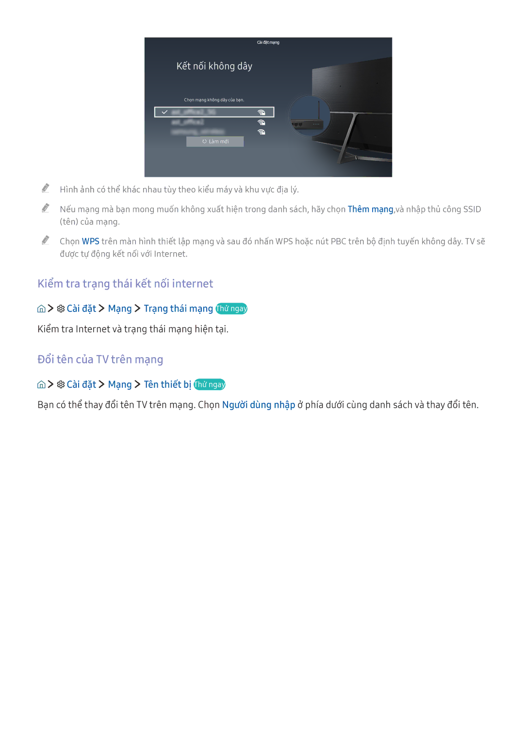 Samsung UA65KU6400KXXV Kiểm tra trạng thái kết nối internet, Đổi tên của TV trên mạng, Cài đặt Mang Tên thiết bị Thử ngay 