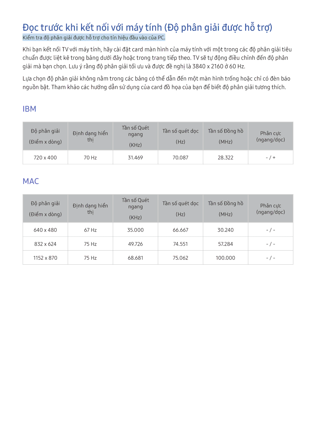 Samsung UA55KU6500KXXV, UA70KU6000KXXV, UA49KS7500KXXV Đọc trước khi kết nối với máy tính Độ phân giải được hỗ trợ, Ibm 