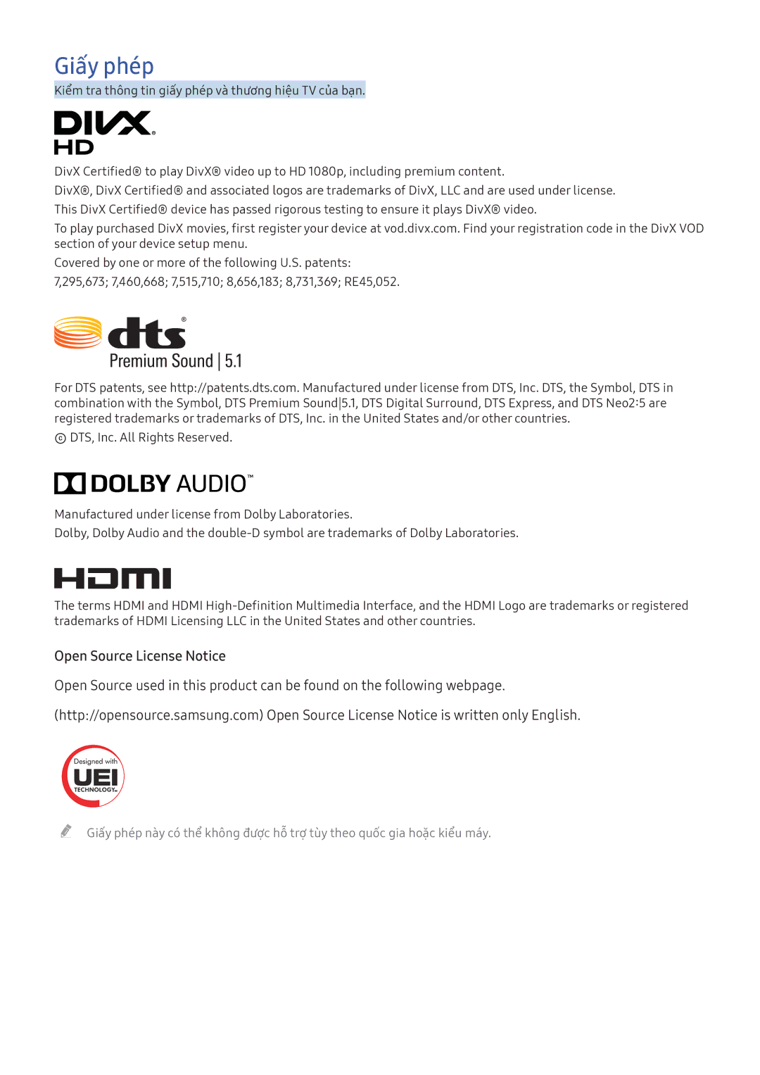 Samsung UA49KS7500KXXV, UA70KU6000KXXV, UA55KS9000KXXV, UA65KU6000KXXV, UA78KU6500KXXV Giấy phép, Open Source License Notice 